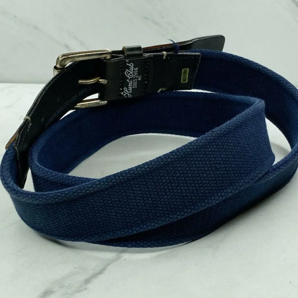 Hunt Club Blue Web Belt Brown Leather Trim Silver Buckle Size 40 ✨